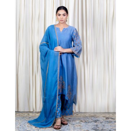 Blue A line Kurta Set with Hand Embroidery